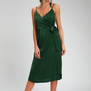 Forest Green Satin Midi Wrap Dress